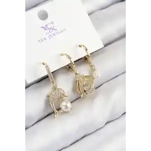 Pirinç Zirkon Taşlı 3lü Yunus Balığı Ve İstiridye Model Gold Renk Kadın Küpe