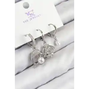 Pirinç Zirkon Taşlı 3lü Yunus Balığı Ve İstiridye Model Gümüş Renk Kadın Küpe