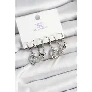 Pirinç Zİrkon Taşlı Ay ve Yıldız Model Gümüş Renk 3lü Çift Kadın Küpe