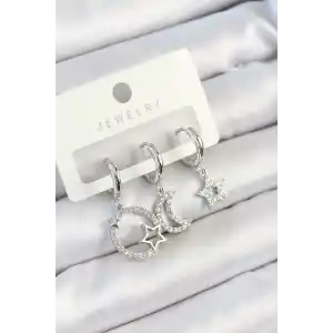 Pirinç Zirkon Taşlı Ay Ve Yıldız Model Gümüş Renk 3lü Çift Kadın Küpe Set