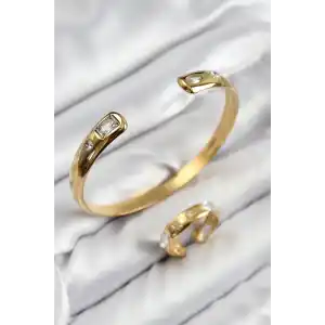 Pirinç Zirkon Taşlı Ayrık Model Gold Renk Bileklik Yüzük Set