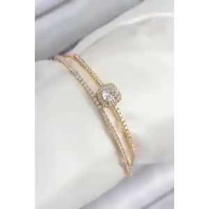 Pirinç Zirkon Taşlı Baget Model Gold Renk Kadın Bileklik