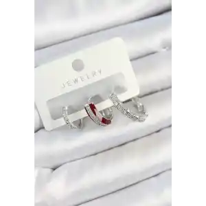 Pirinç Zirkon Taşlı Bordo Pembe Halka Model Gümüş Renk 3lü Çift Kadın Küpe Set