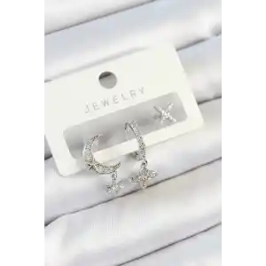 Pirinç Zirkon Taşlı Çiçek Ve Ay Model Gümüş Renk 3lü Çift Kadın Küpe Set