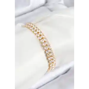Pirinç Zirkon Taşlı Çift Sıra Kare Model Gold Renk Asansörlü Kadın Bileklik