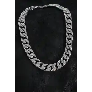 Pirinç Zirkon Taşlı Cuba Gurmet Model Gümüş Renk Erkek Kolye