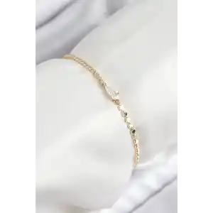 Pirinç Zirkon Taşlı Damla Model Ezme Zincir Gold Renk Kadın Bileklik
