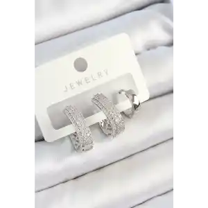 Pirinç Zirkon Taşlı Damla Model Gümüş Renk 3lü Çift Kadın Küpe Set