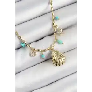 Pirinç Zirkon Taşlı Deniz Kabuğu Model Gold Renk Kadın Kolye