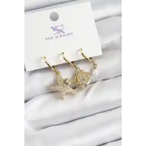 Pirinç Zİrkon Taşlı Deniz Yıldızı Ve İstiridye Model Gold Renk 3lü Kadın Küpe