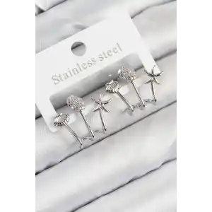 Pirinç Zirkon Taşlı Deniz Yıldızı ve İstiridye Model Gümüş Renk Kadın Küpe