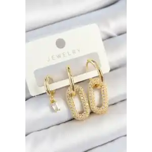 Pirinç Zirkon Taşlı Dikdörtgen Model Gold Renk 3lü Çift Kadın Küpe Set