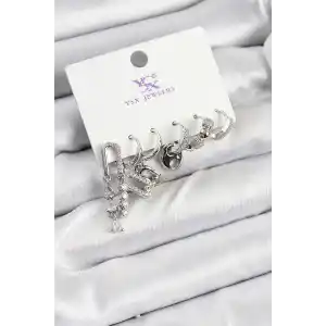 Pirinç Zİrkon Taşlı Dikdörtgen Model Gümüş Renk 3lü Çift Kadın Küpe