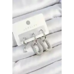 Pirinç Zirkon Taşlı Dikdörtgen Model Gümüş Renk 3lü Çift Kadın Küpe Set