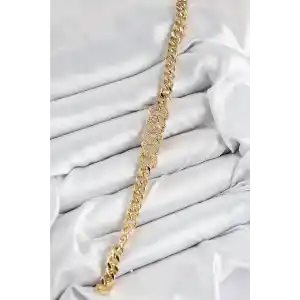 Pirinç Zirkon Taşlı Ezme Küba Zincir Model Gold Renk Kadın Bileklik