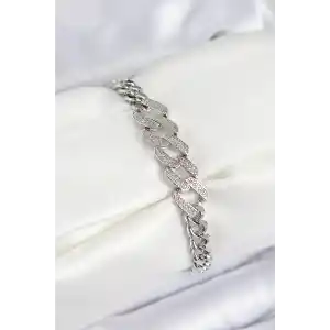 Pirinç Zirkon Taşlı Ezme Küba Zincir Model Gümüş Renk Kadın Bileklik