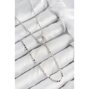 Pirinç Zirkon Taşlı Ezme Zincirli Kalp Model Gümüş Renk Y Kolye