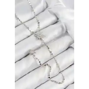 Pirinç Zirkon Taşlı Ezme Zincirli Kutup Yıldızı Model Gümüş Renk Y Kolye