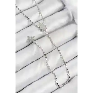 Pirinç Zirkon Taşlı Ezme Zincirli Kutup Yıldızı Model Gümüş Renk Y Kolye