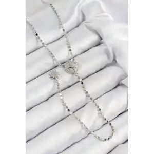 Pirinç Zirkon Taşlı Ezme Zincirli Madalyon Model Gümüş Renk Y Kolye