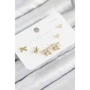 Pirinç Zirkon Taşlı Fiyonk Model Gold Renk 925 Ayar Gümüş Çivi Kadın Küpe Set