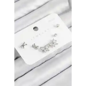 Pirinç Zirkon Taşlı Fiyonk Model Gümüş Renk 925 Ayar Gümüş Çivi Kadın Küpe Set