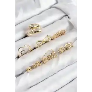 Pirinç Zirkon Taşlı Fiyonk Ve Kalp Model Gold Renk Kadın Yüzük Kombin Set