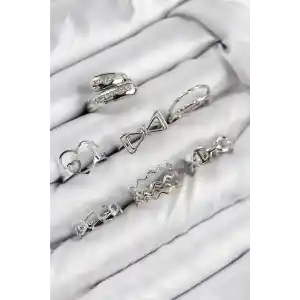 Pirinç Zirkon Taşlı Fiyonk Ve Kalp Model Gümüş Renk Kadın Yüzük Kombin Set