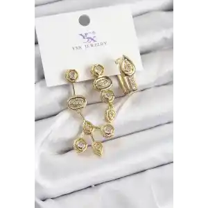 Pirinç Zİrkon Taşlı Geometrik Model Gold Renk 3lü Kadın Küpe