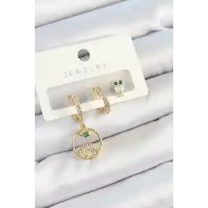 Pirinç Zirkon Taşlı Göz Ve Baykuş Model Gold Renk 3lü Çift Kadın Küpe Set
