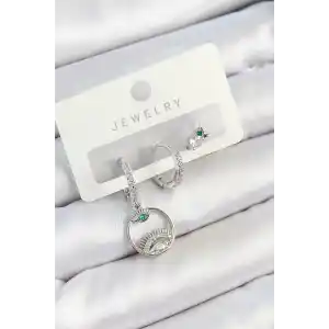 Pirinç Zirkon Taşlı Göz Ve Baykuş Model Gümüş Renk 3lü Çift Kadın Küpe Set