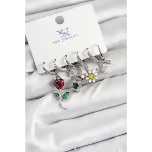 Pirinç Zİrkon Taşlı Gül Ve Papatya Model Gümüş Renk 3lü Çift Kadın Küpe
