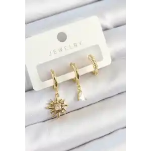 Pirinç Zirkon Taşlı Güneş Model Gold Renk 3lü Çift Kadın Küpe Set