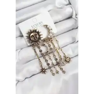 Pirinç Zirkon Taşlı Güneş Ve Ay Figürlü Eskitme Model Sallantılı Küpe