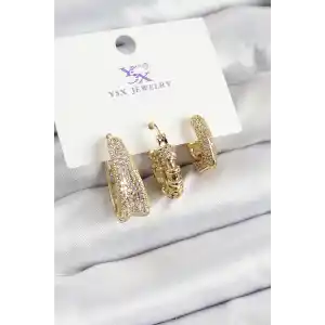 Pirinç Zİrkon Taşlı Halka Model Gold Renk 3lü Kadın Küpe