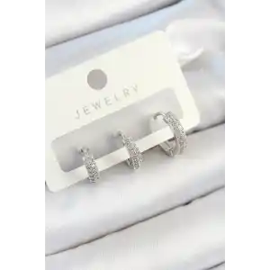 Pirinç Zirkon Taşlı Halka Model Gümüş Renk 3lü Çift Kadın Küpe Set