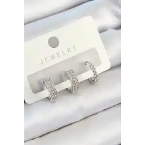 Pirinç Zirkon Taşlı Halka Model Gümüş Renk 3lü Çift Kadın Küpe Set