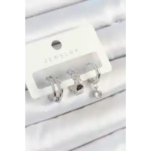 Pirinç Zirkon Taşlı Halka Model Gümüş Renk 3lü Çift Kadın Küpe Set