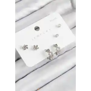 Pirinç Zirkon Taşlı Halka Model Gümüş Renk 925 Ayar Gümüş Çivi Kadın Küpe Set