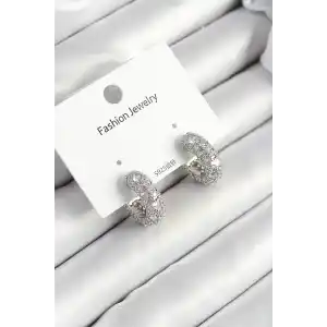 Pirinç Zirkon Taşlı Halka Model Gümüş Renk Kadın Küpe