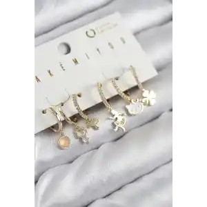 Pirinç Zirkon Taşlı Hello Kity Ve Yonca Model Gold Renk 6lı Küpe Set