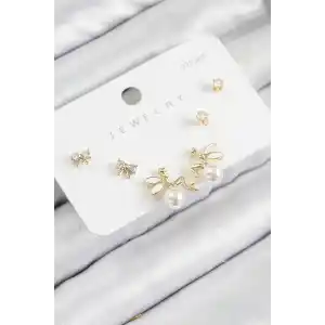 Pirinç Zirkon Taşlı İnci Melek Model Gold Renk 925 Ayar Gümüş Çivi Kadın Küpe Set