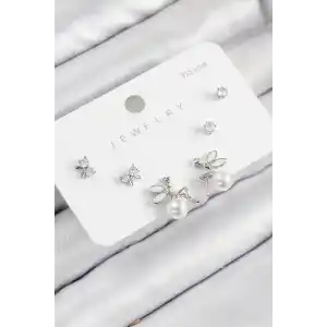 Pirinç Zirkon Taşlı İnci Melek Model Gümüş Renk 925 Ayar Gümüş Çivi Kadın Küpe Set