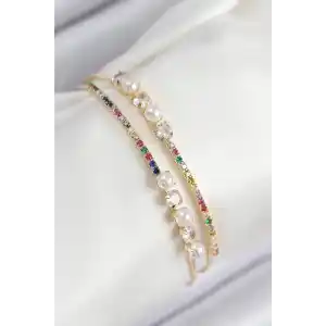 Pirinç Zirkon Taşlı İnci Model Gold Renk Kadın Bileklik