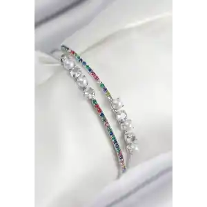 Pirinç Zirkon Taşlı İnci Model Gümüş Renk Kadın Bileklik