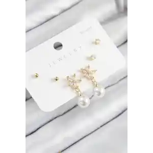 Pirinç Zirkon Taşlı İnci Sallantılı Çiçek Model Gümüş Renk 925 Ayar Gümüş Çivi Kadın Küpe Set