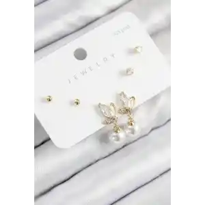 Pirinç Zirkon Taşlı İnci Sallantılı Damla Model Gold Renk 925 Ayar Gümüş Çivi Kadın Küpe Set