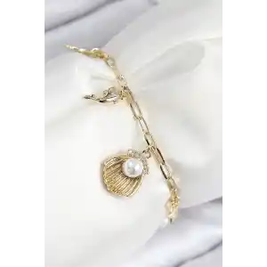 Pirinç Zirkon Taşlı İncili İstiridye Model Gold Renk Kadın Bileklik