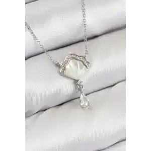 Pirinç Zirkon Taşlı İstiridye Model Gümüş Renk Kadın Kolye