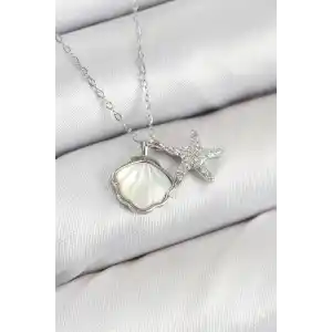 Pirinç Zirkon Taşlı İstiridye Ve Deniz Yıldızı Model Gümüş Renk Kadın Kolye